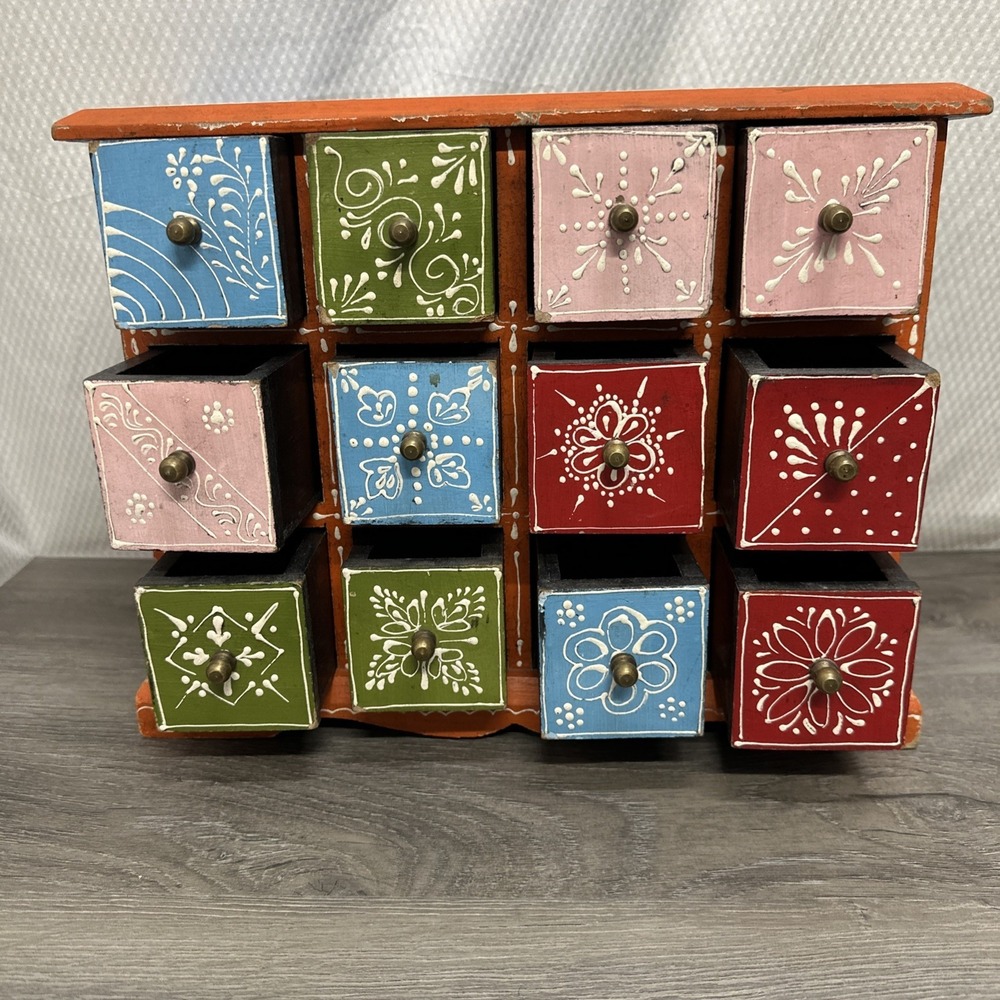 Hand Painted Wooden 12 Drawer Spice Chest Jewelry Box Multi Color Boho Folk Art - Picture 5 of 13